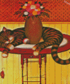 Sleepy Cat And Flower Vase Diamond Painting